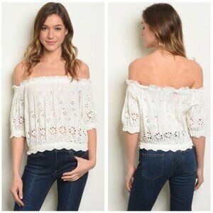 Ivory Off Shoulder Ruffled Eyelet Top